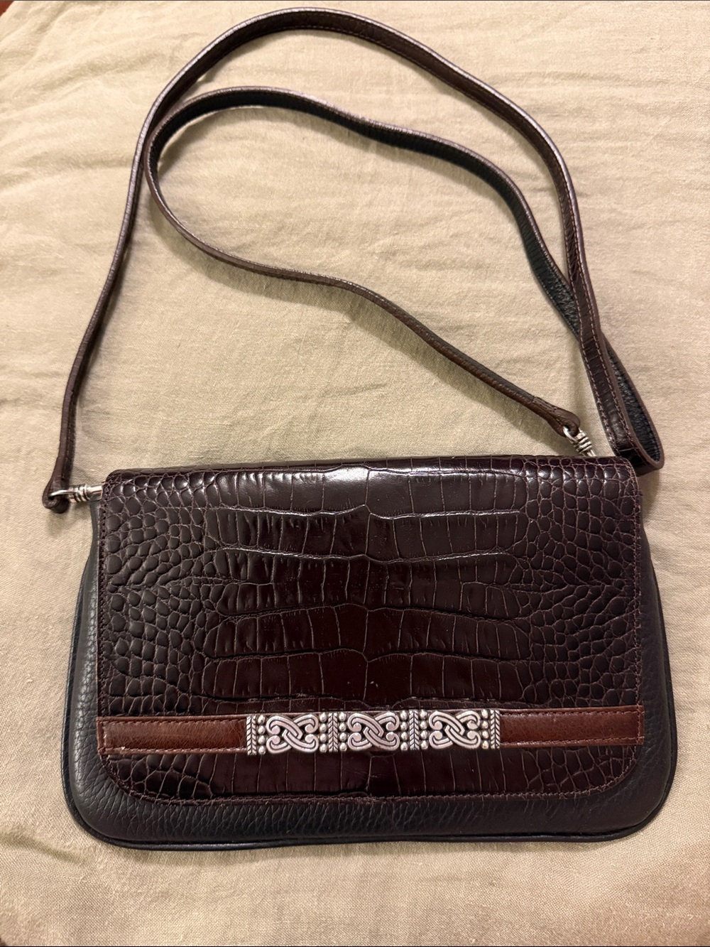 Vintage Brighton Brown Croc-Embossed Leather Clutch with Silver Accent